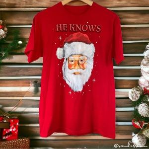 NWOT Santa Claus “He Knows” Red & White Short Sleeve T-Shirt Adult Unisex Size L